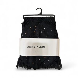 Anne Klein Black Knit Hat and Scarf Set